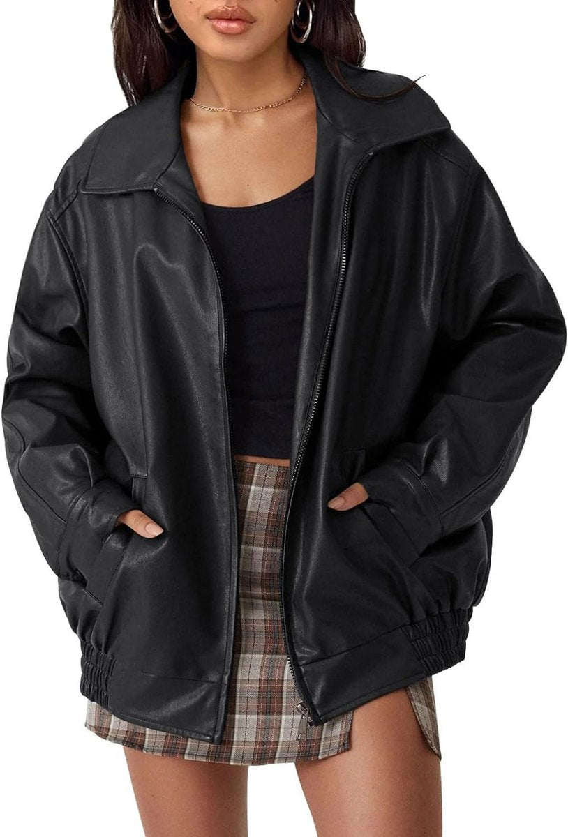 Women's oversized faux leather bomber jacket with zip-up front by Bennett and Lowe, featuring a relaxed fit and stylish design.