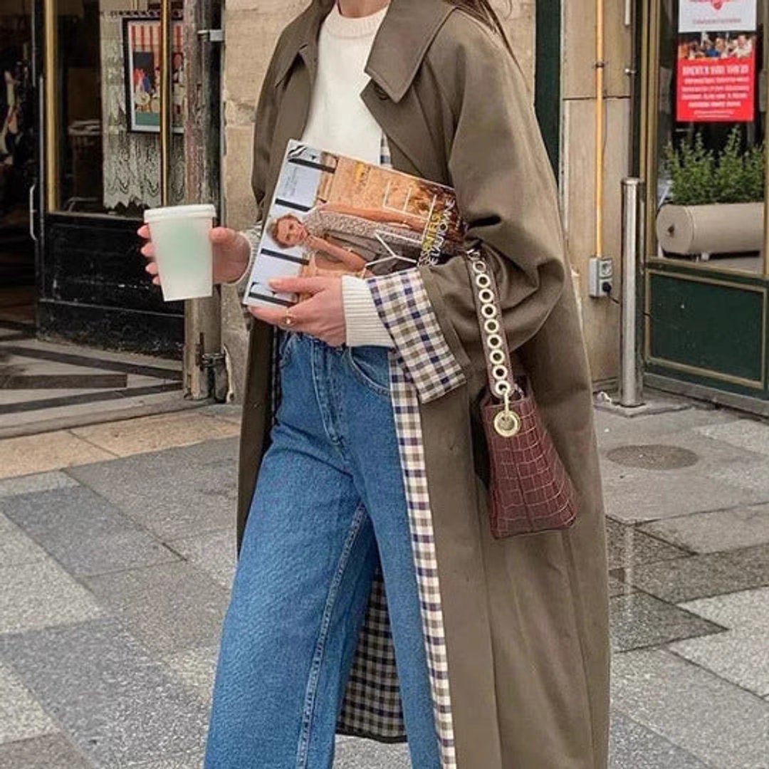 Women’s oversized plaid-lined long trench coat by Bennett and Lowe, with a refined, elegant design and classic trench silhouette.