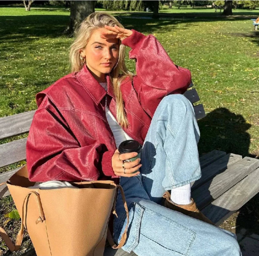 Women's oversized quilted bomber jacket with contrast stitching by Bennett and Lowe, featuring a stylish and comfortable design.