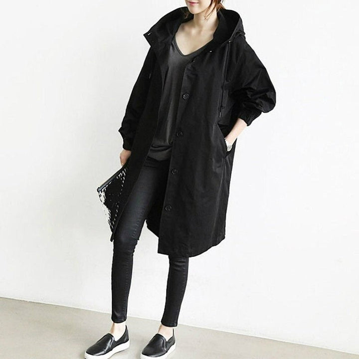 Women's oversized Bennett and Lowe water-resistant hooded button-front coat, stylish trench with a relaxed fit.