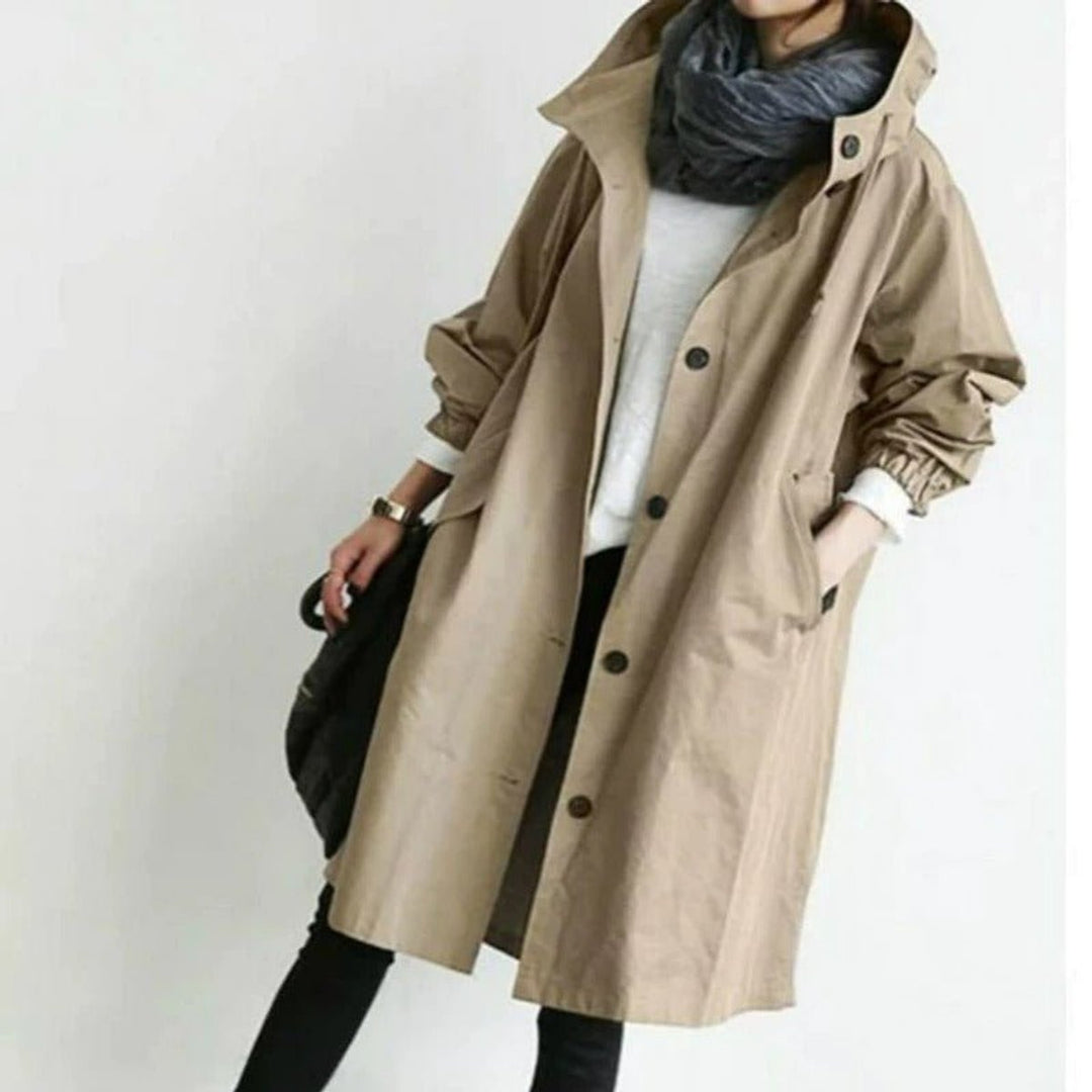 Women's oversized Bennett and Lowe water-resistant hooded button-front coat, stylish and functional trench coat for women.