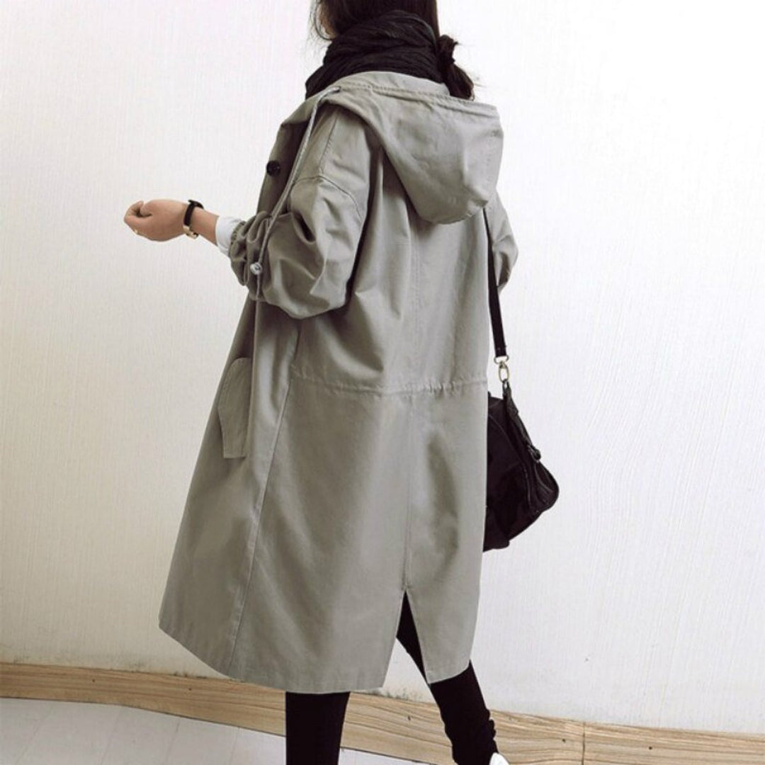 Maisie oversized water-resistant women's hooded coat with button-front design by Bennett and Lowe, shown in a trench style.