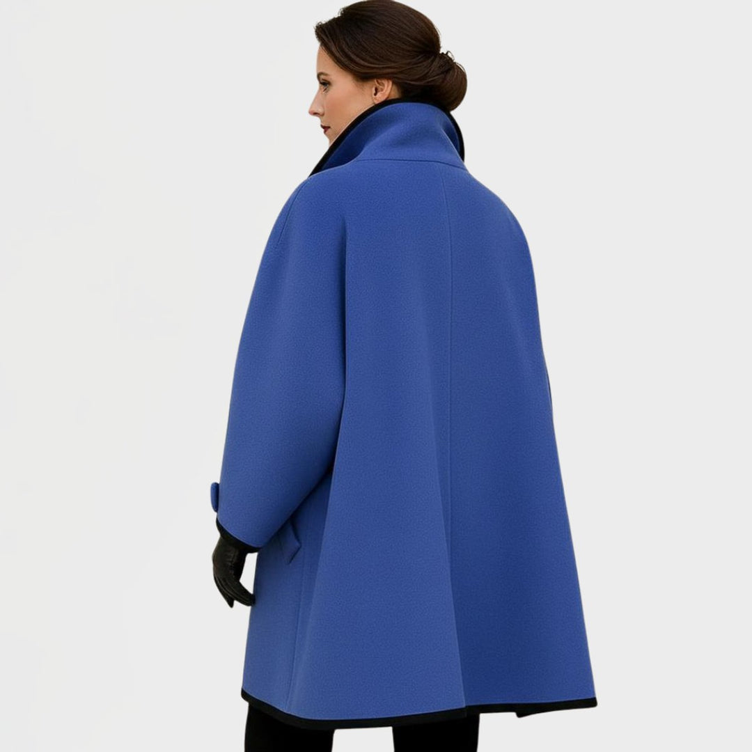 Women's oversized wool-blend coat with contrasting trim from Bennett and Lowe, featuring a stylish, relaxed fit and classic design.