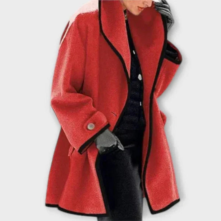 Women's oversized wool-blend coat by Bennett and Lowe with bold contrast trim, featuring a relaxed fit and stylish design.
