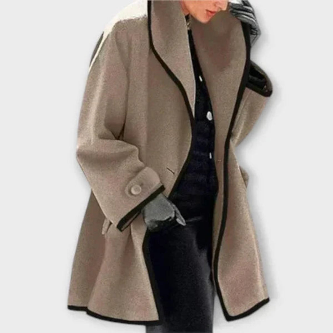 Women’s oversized wool-blend coat with contrast trim by Bennett and Lowe, featuring a stylish, relaxed fit and bold color accents.