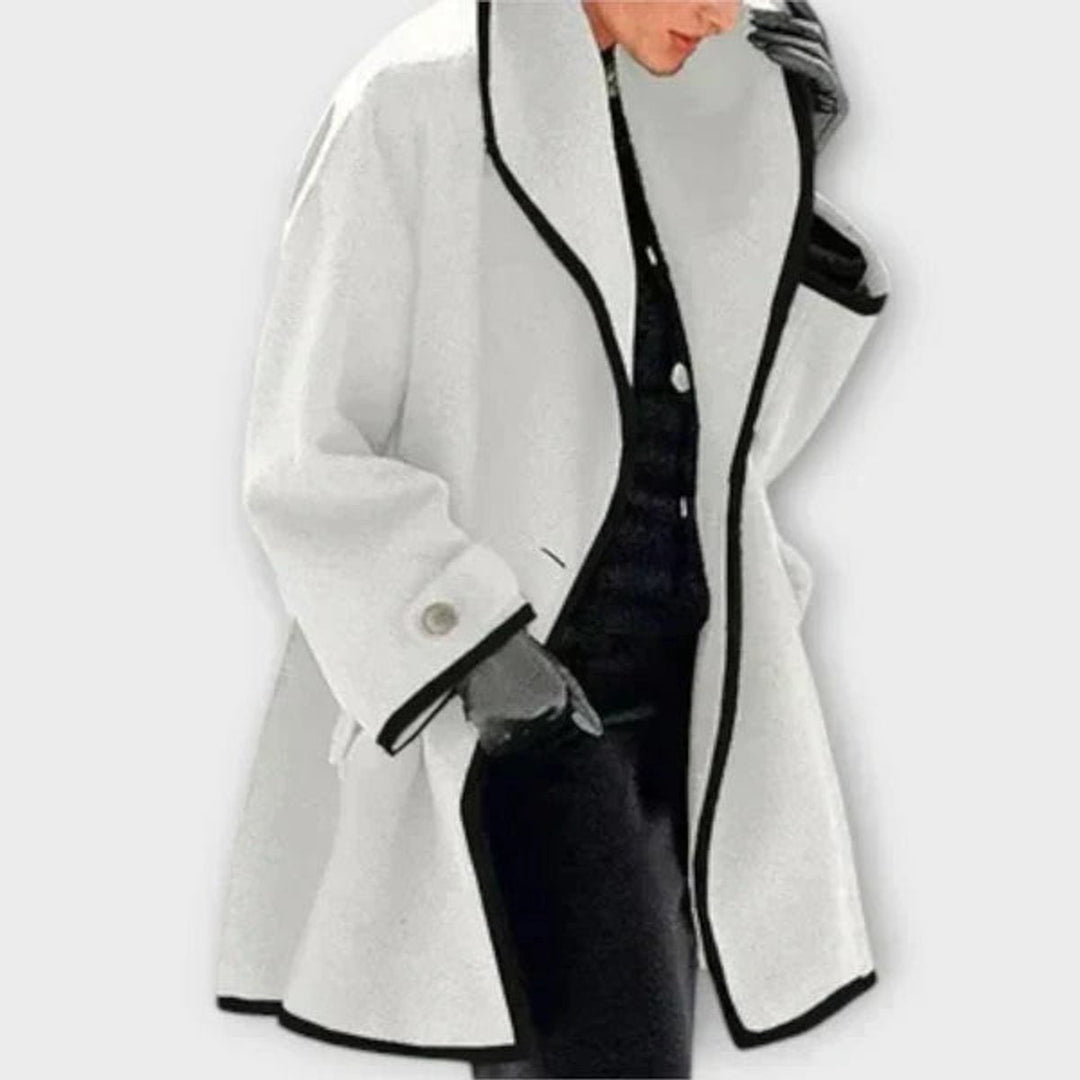 Women’s oversized wool-blend coat with contrast trim by Bennett and Lowe, featuring a stylish and warm design.