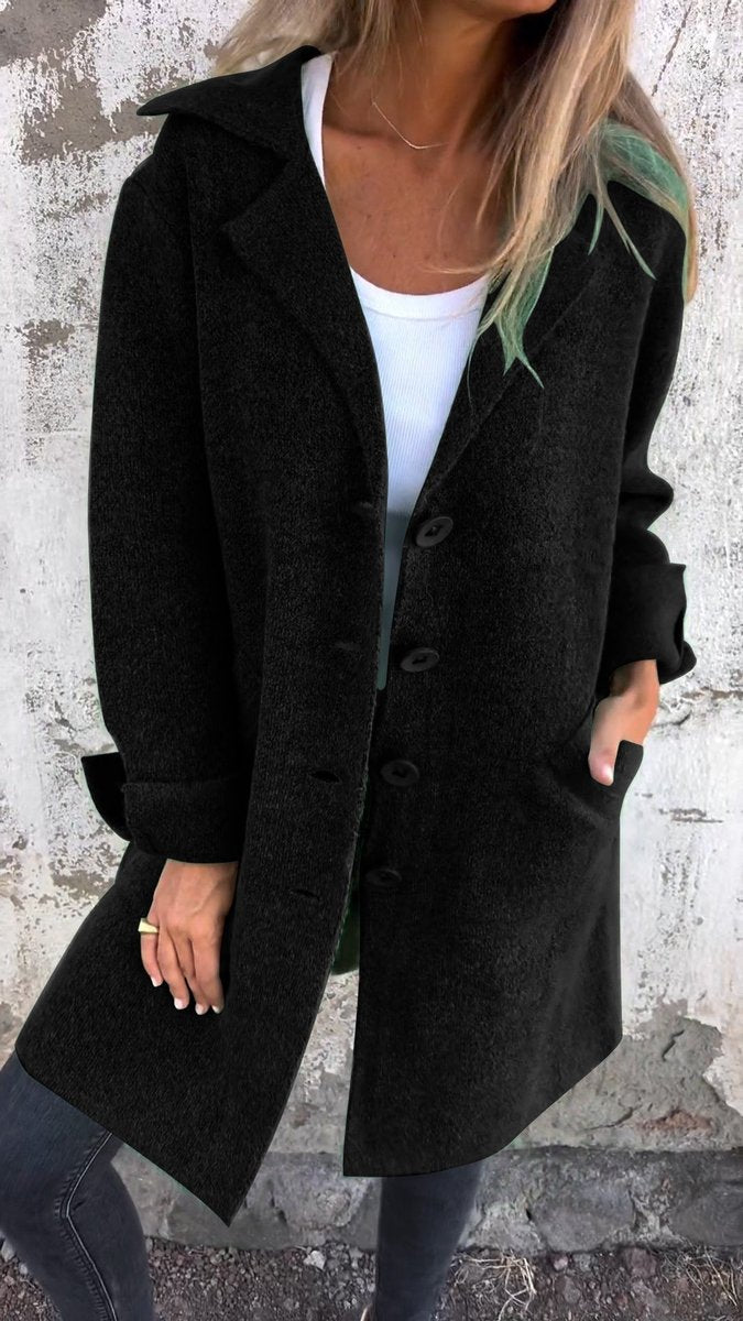 Women’s relaxed-fit longline lapel coat by Bennett and Lowe, button-front design, stylish and comfortable outerwear.