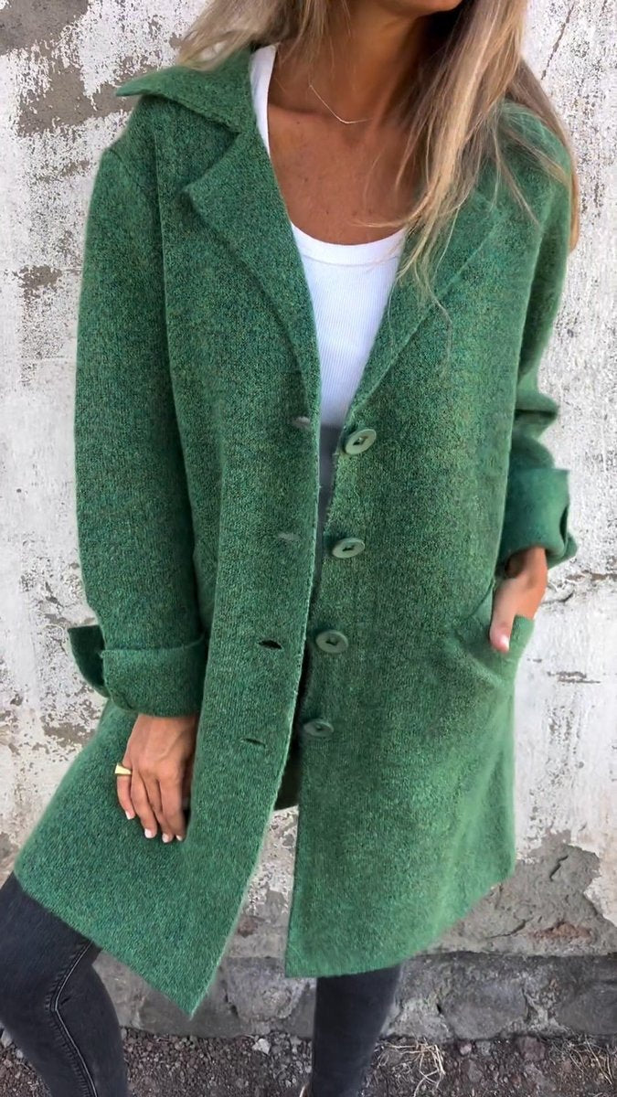Women's relaxed-fit longline lapel coat by Bennett and Lowe with button front, tailored for a comfortable, stylish look.