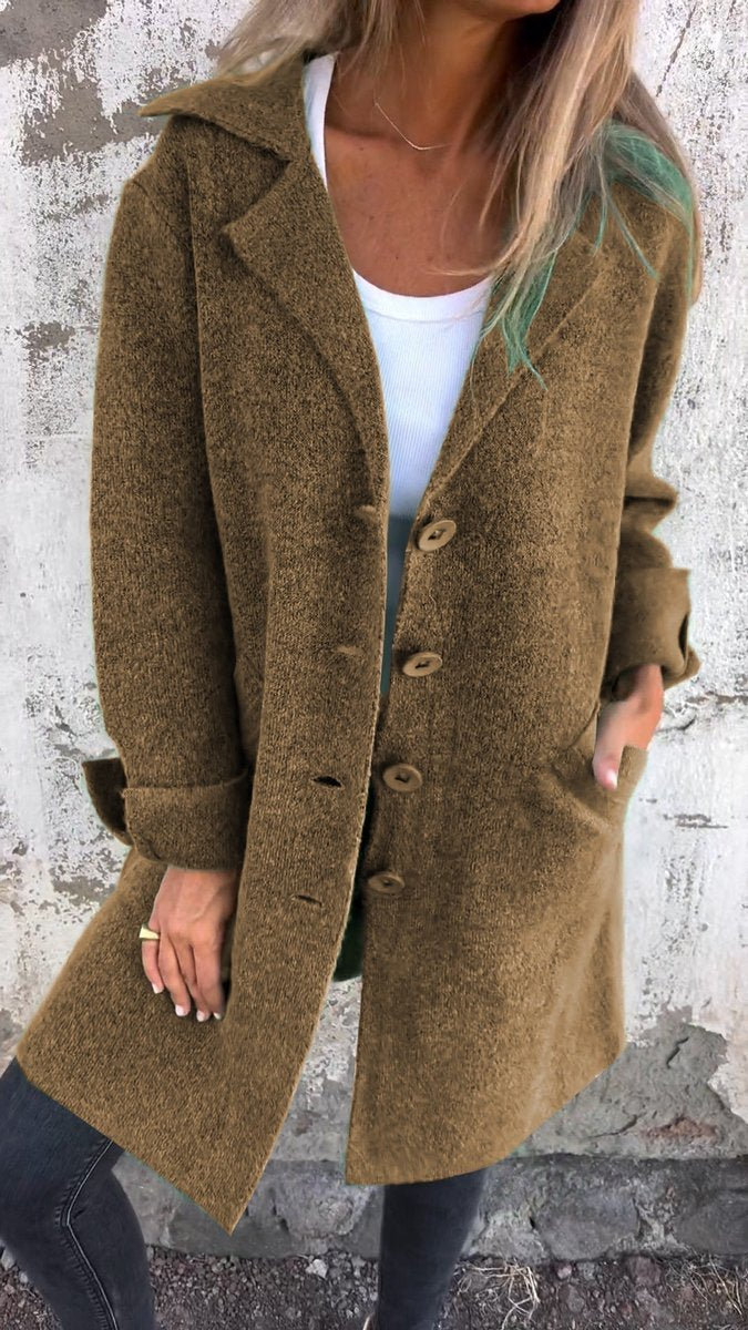 Women’s relaxed-fit longline lapel coat by Bennett and Lowe, with button front and tailored lapel, designed for casual and stylish wear