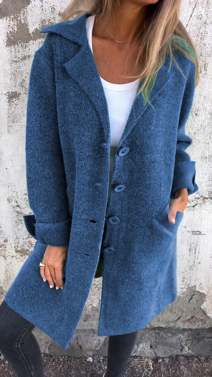 Relaxed-fit longline lapel coat for women by Bennett and Lowe, featuring a button-front design and a stylish, comfortable silhouette.