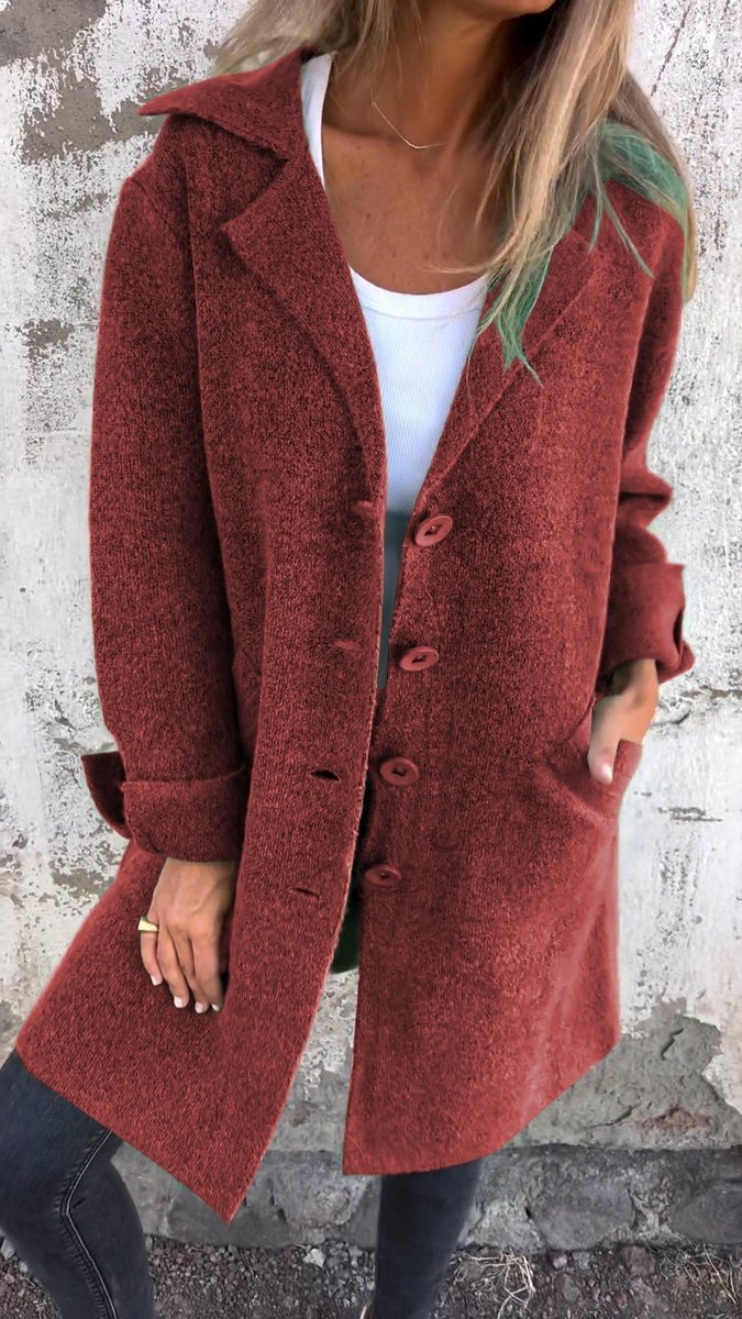 Women’s relaxed-fit longline lapel coat by Bennett and Lowe, featuring a button-front design and casual, comfortable style.