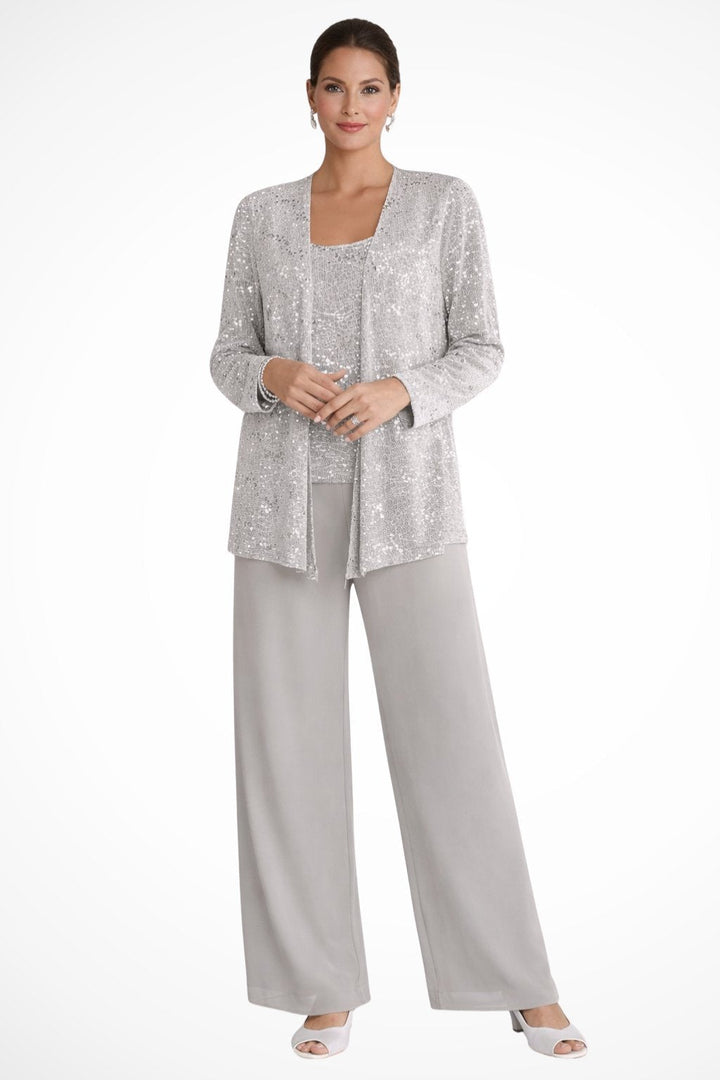 Elegant Luna three-piece women's pants set by Bennett and Lowe featuring sequined wide-leg pants and a long-sleeve top.