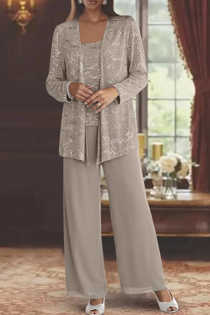 Elegant Luna three-piece women's pants set by Bennett and Lowe featuring sequined wide-leg pants and a long-sleeve top.