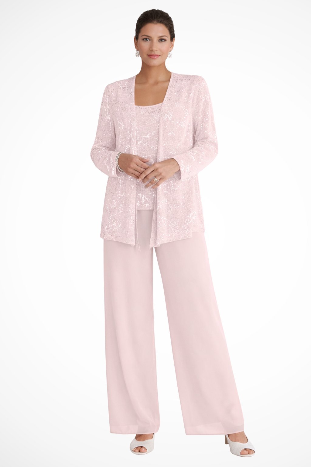 Elegant Luna three-piece women's pants set by Bennett and Lowe featuring sequined wide-leg pants and a long-sleeve top.
