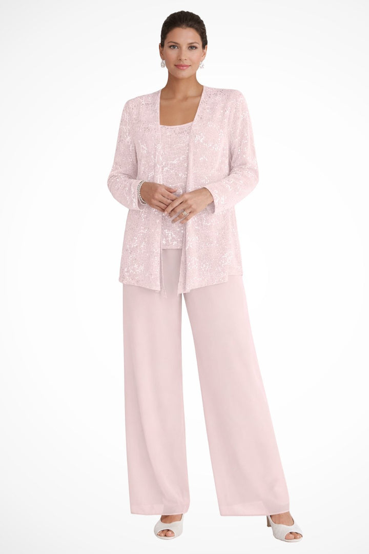 Elegant Luna three-piece women's pants set by Bennett and Lowe featuring sequined wide-leg pants and a long-sleeve top.