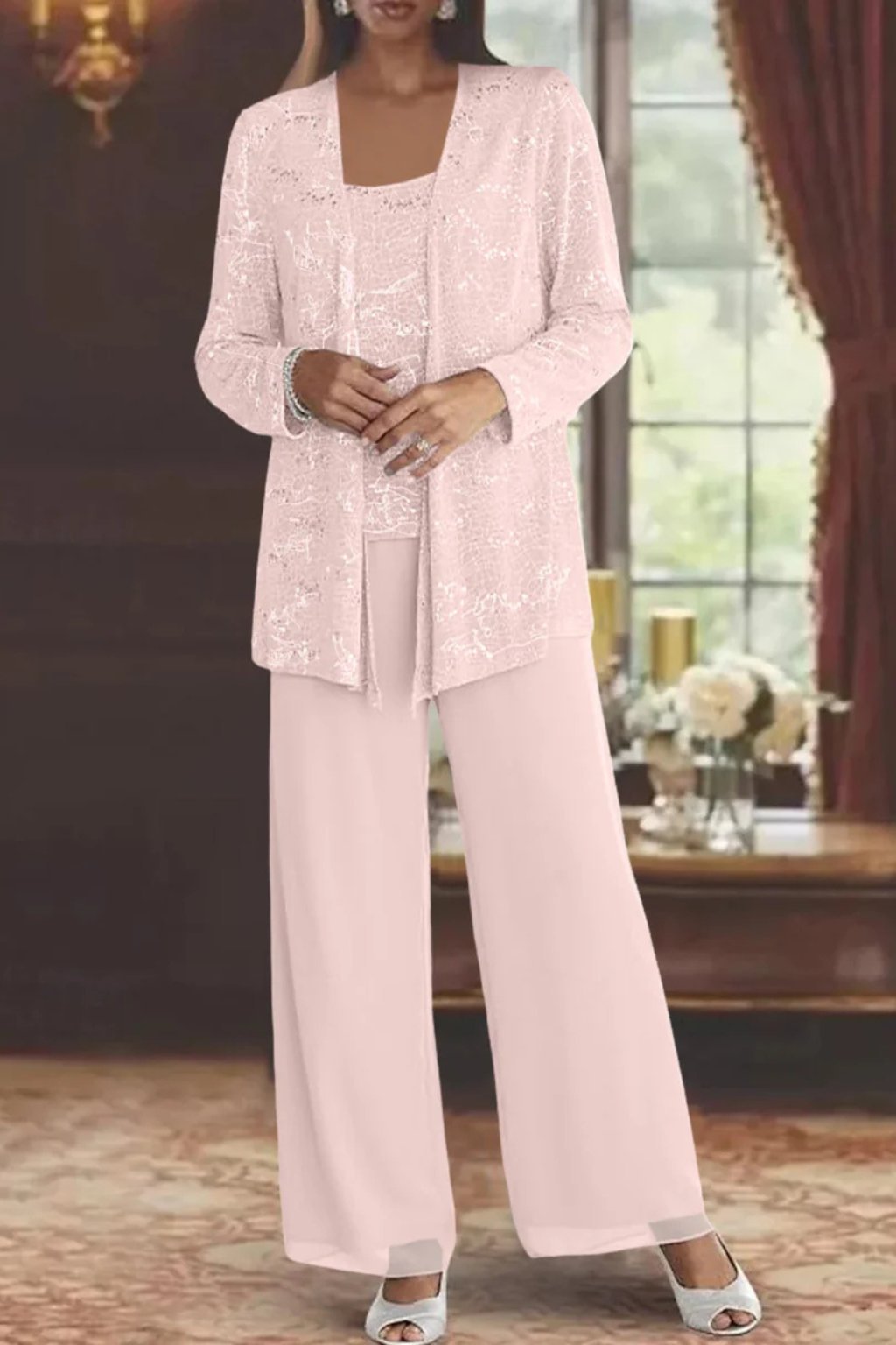 Elegant Luna women's three-piece pants set by Bennett and Lowe featuring sequined wide-leg pants and long sleeves.