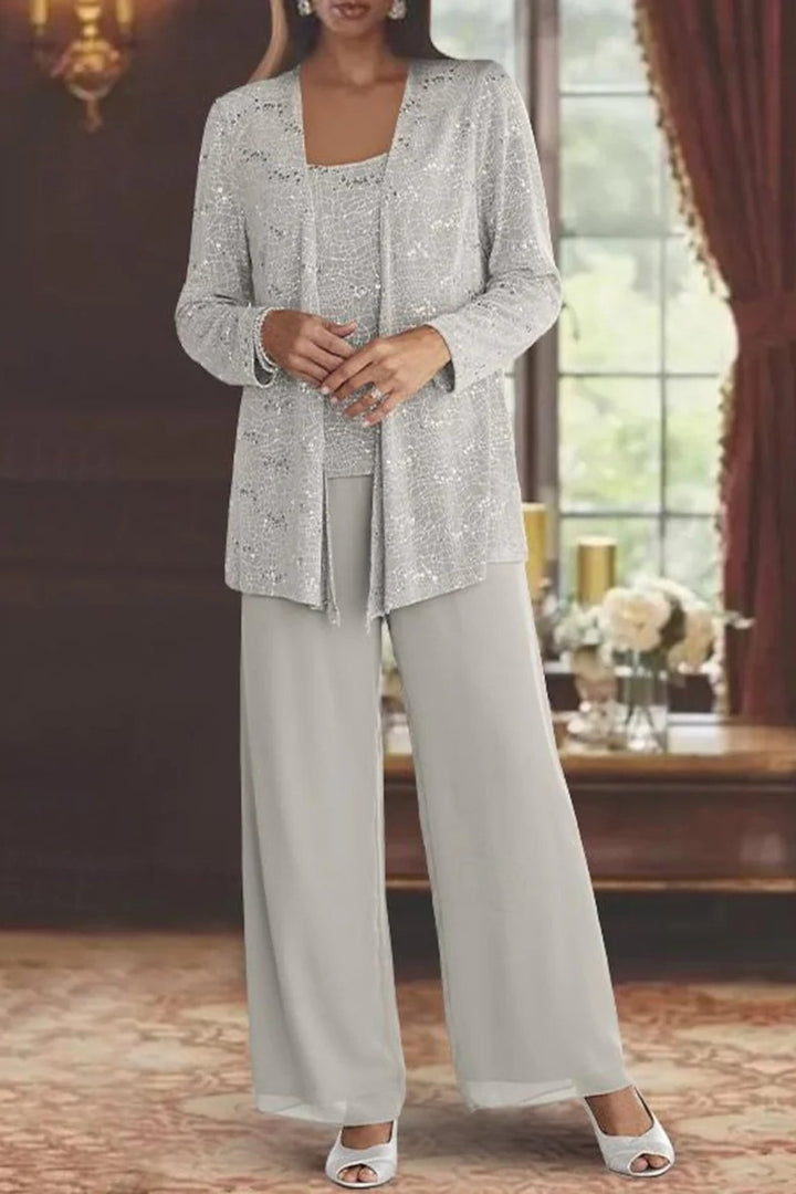 Elegant Luna three-piece women's pants set with sequined wide-leg pants and long sleeves by Bennett and Lowe.
