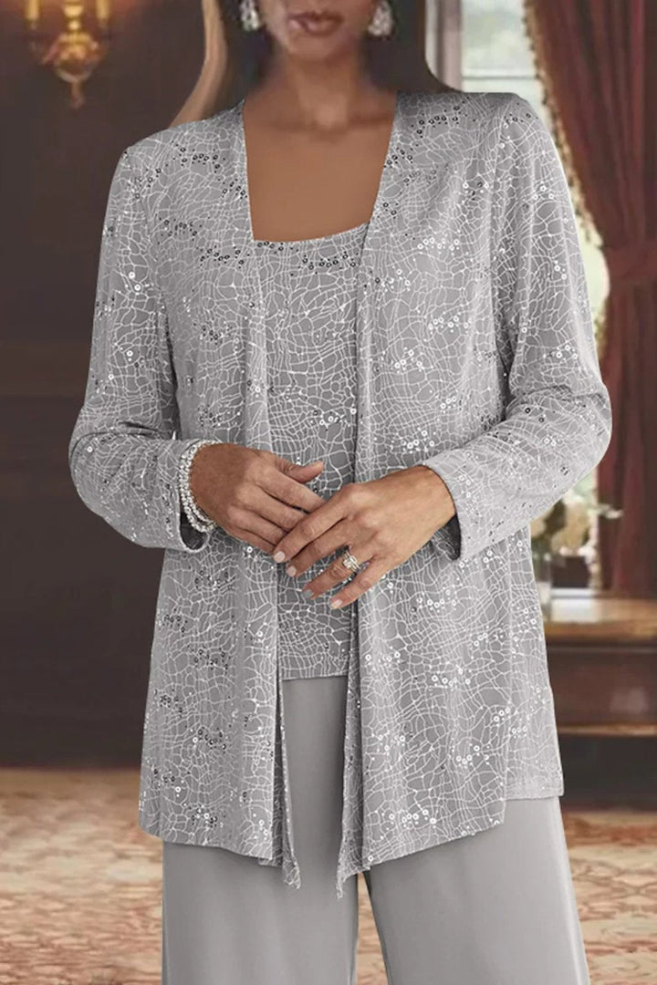 Elegant Luna three-piece women's pants set by Bennett and Lowe featuring sequined wide-leg pants and long sleeves.