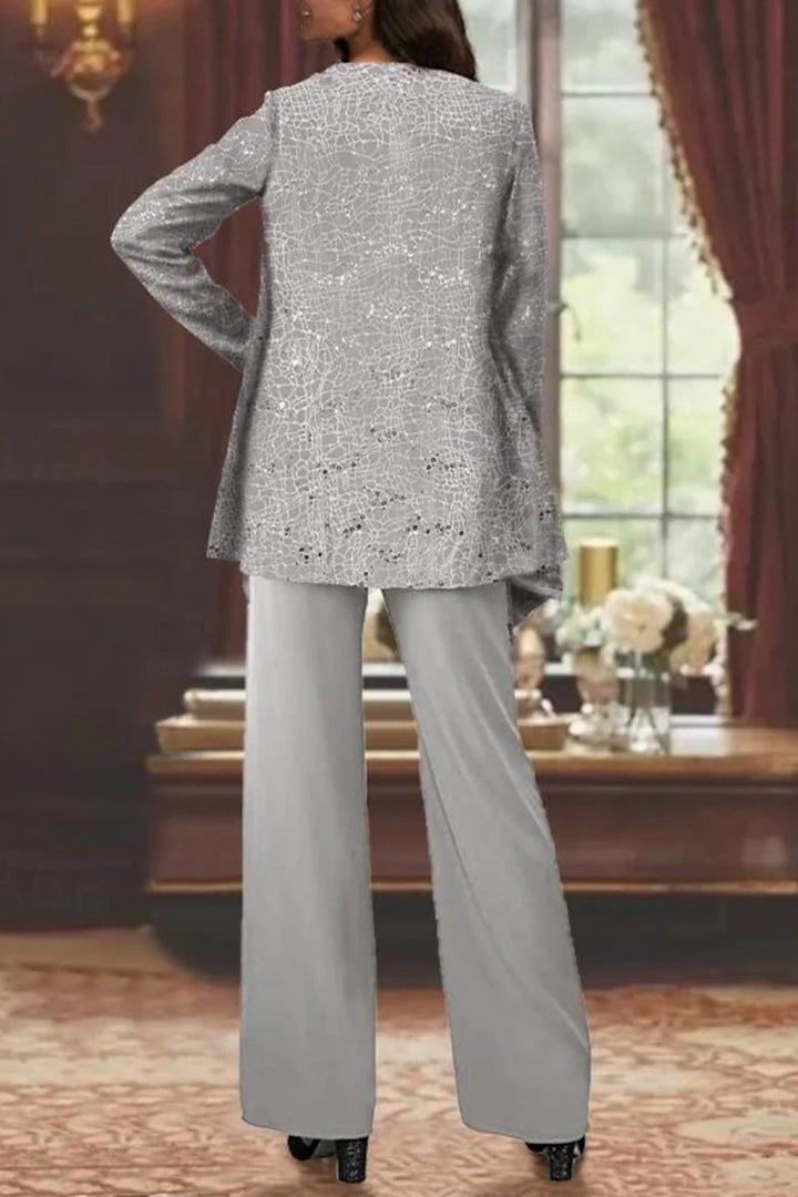 Women’s Luna three-piece pants set by Bennett and Lowe featuring sequined wide-leg pants and long-sleeve top.
