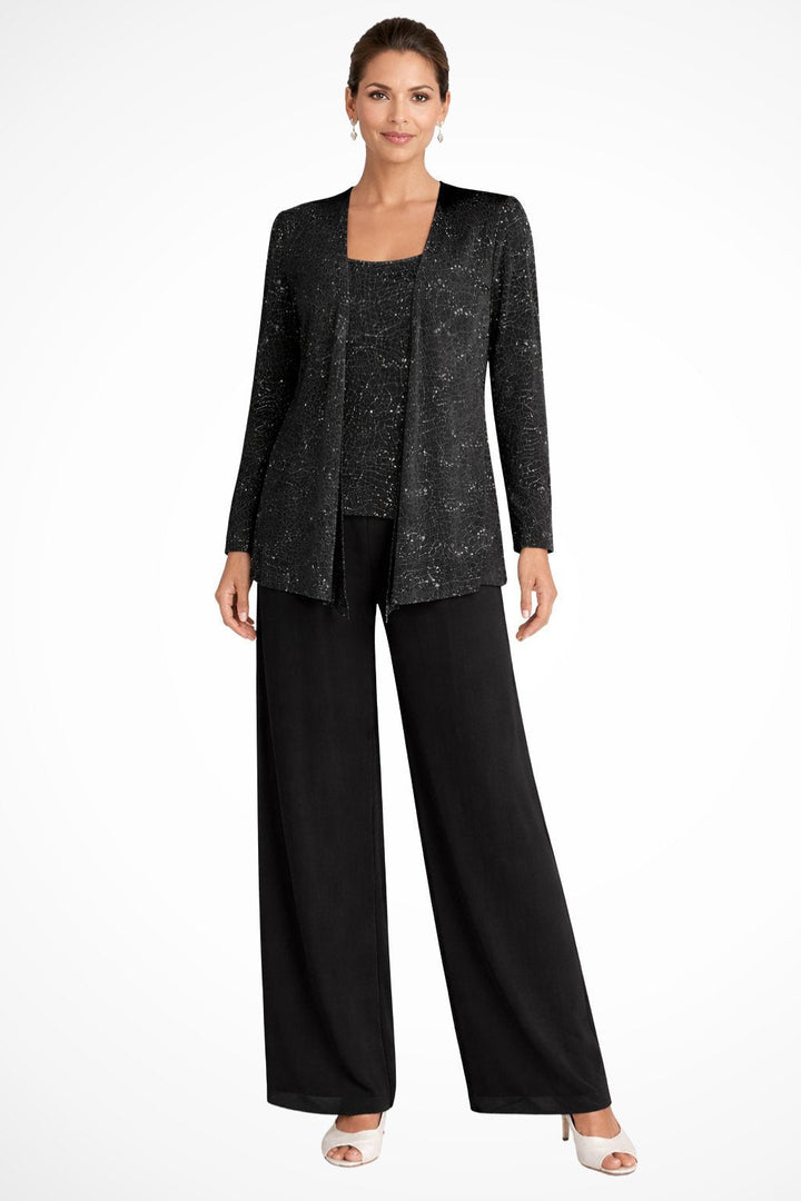 Elegant women's Luna three-piece pants set by Bennett and Lowe with sequined wide-leg pants and long sleeves.