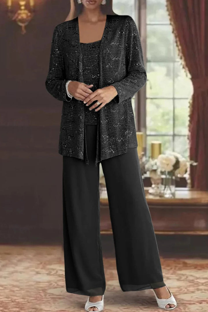 Elegant Luna layered three-piece pants set for women by Bennett and Lowe, featuring sequined wide-leg pants and long sleeves.