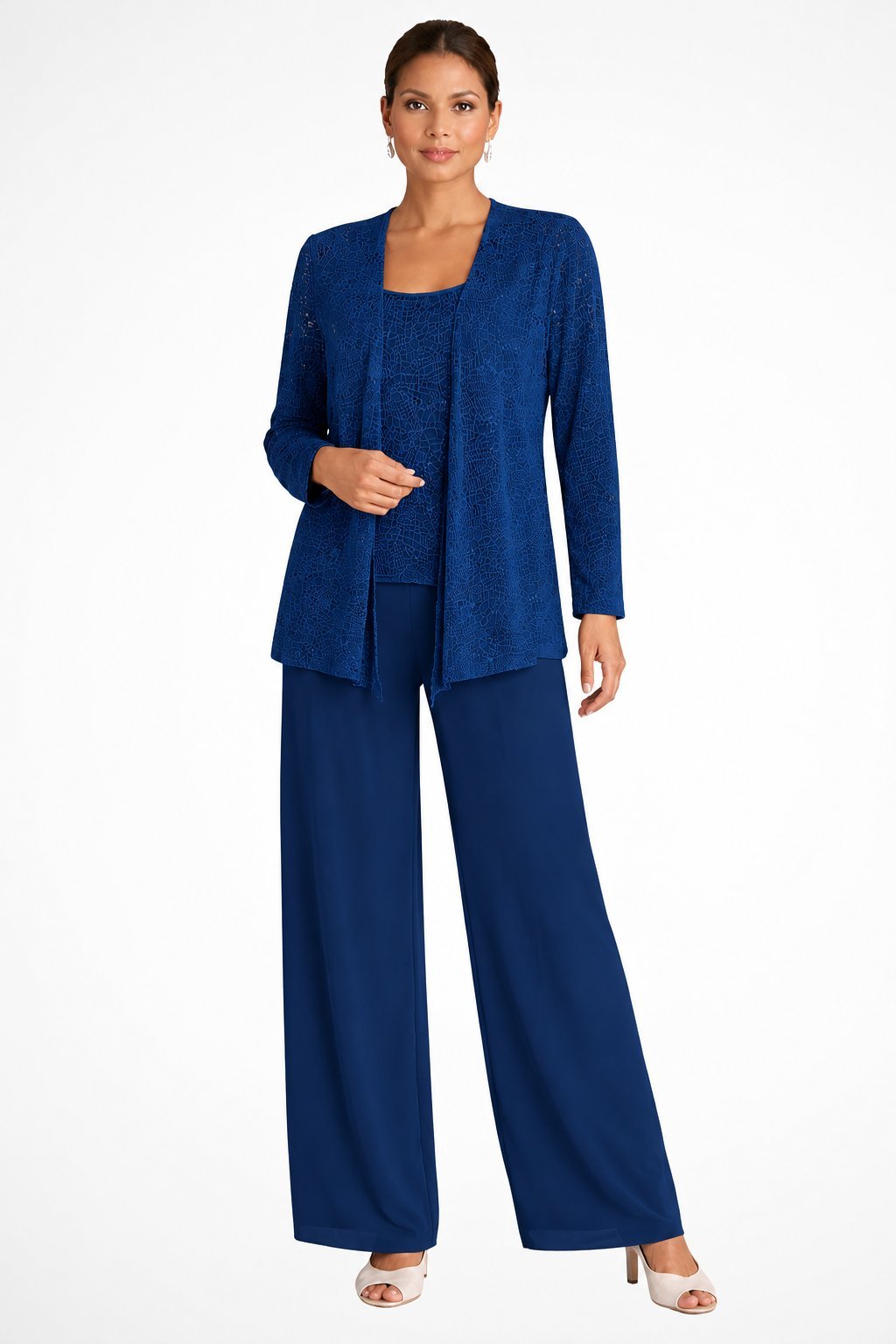 Elegant layered three-piece pants set for women by Bennett and Lowe, featuring sequined wide-leg pants and a long-sleeve top.