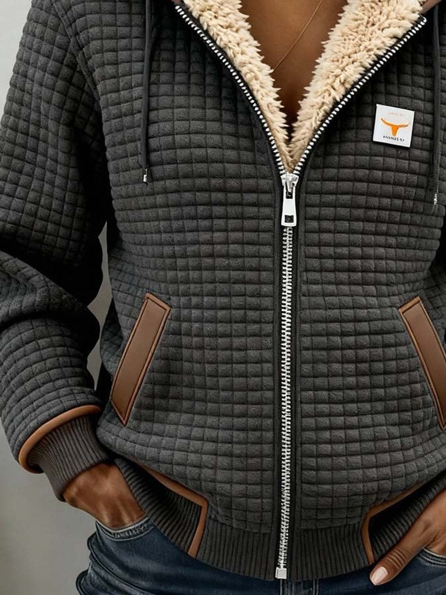 Women’s Sherpa-lined quilted hooded jacket by Bennett and Lowe, full-zip fleece jacket with cozy lining and quilted design.