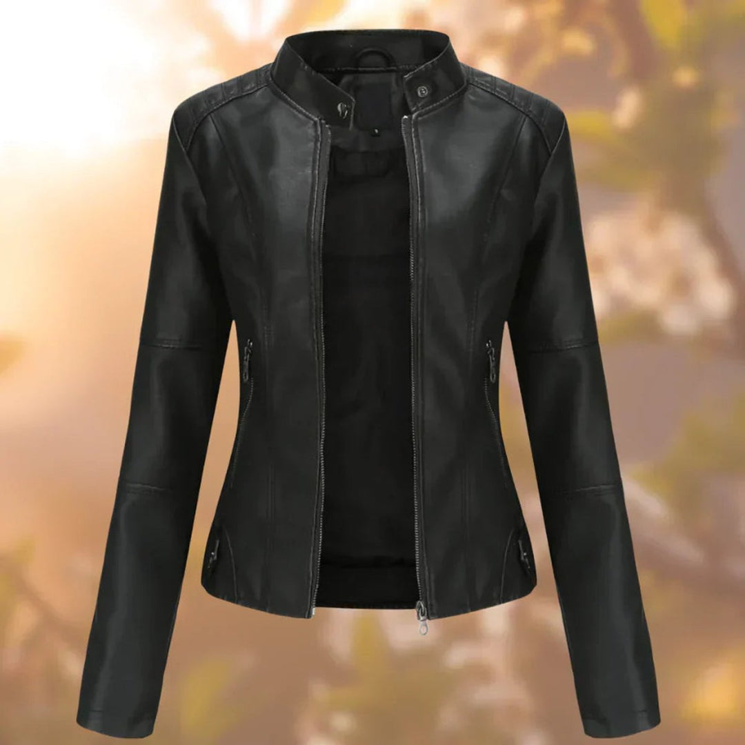 Bennett and Lowe Larissa women's slim-fit zip-up moto jacket in faux leather, featuring a sleek design and front zipper.