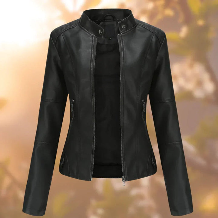 Larissa slim-fit zip-up moto jacket for women by Bennett and Lowe, featuring faux leather and a sleek, modern design.