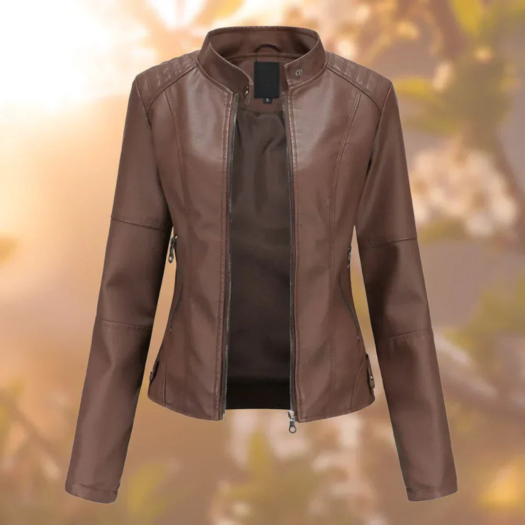 Larissa Bennett and Lowe women's slim-fit zip-up faux leather moto jacket, shown with front zipper and slim silhouette.