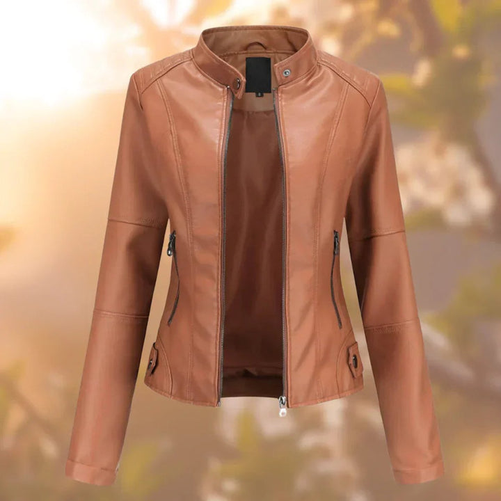 Larissa Bennett and Lowe women's slim-fit zip-up moto jacket in faux leather, featuring a stylish collar and fitted silhouette.