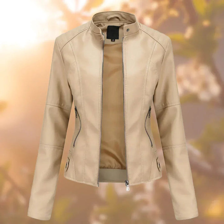Larissa slim-fit zip-up moto jacket for women by Bennett and Lowe, featuring faux leather material and a stylish, fitted design.