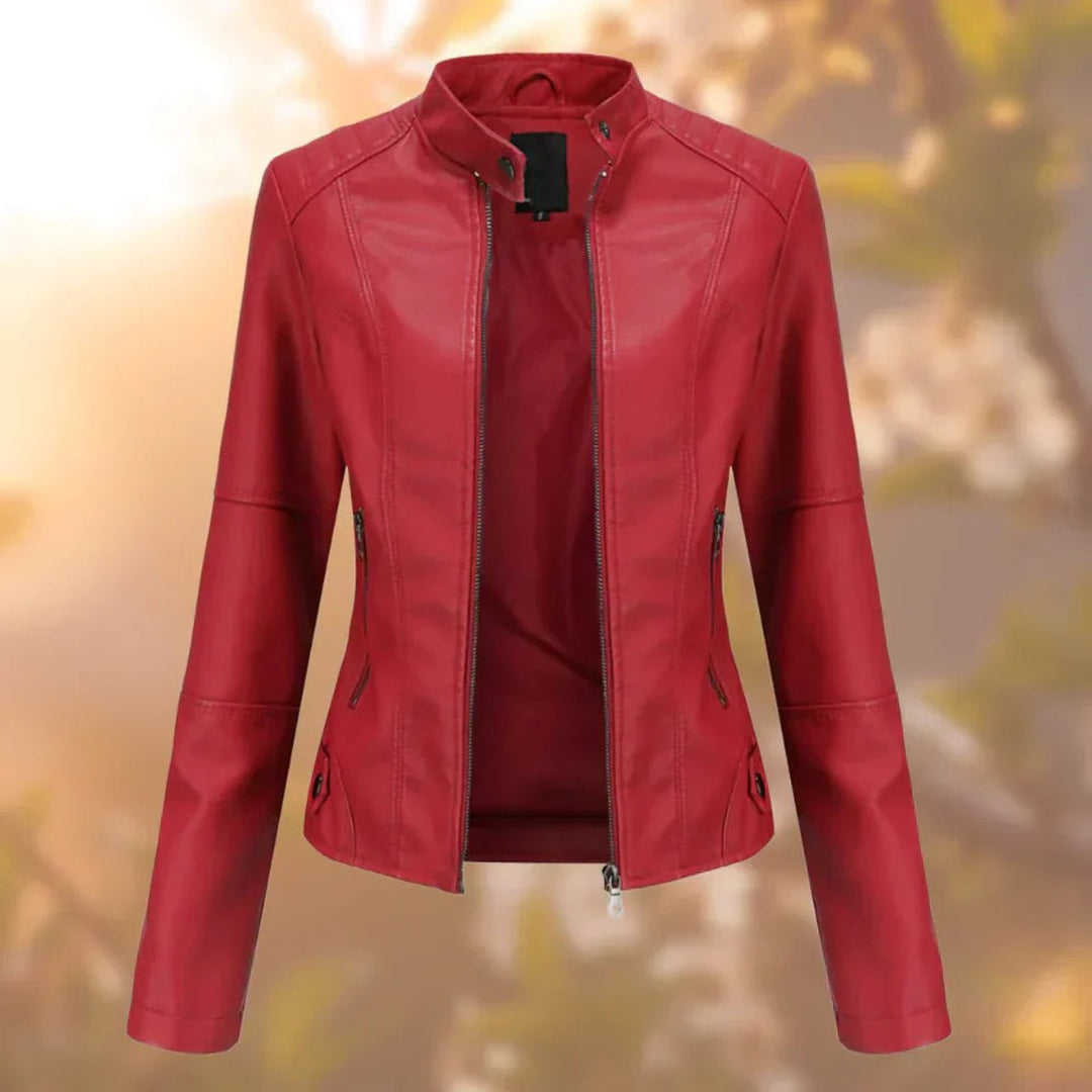 Bennett and Lowe Larissa slim-fit zip-up women's faux leather moto jacket with a sleek design and stylish collar.