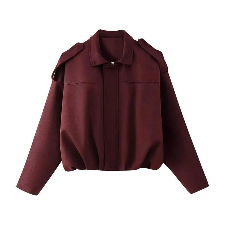 Women’s vintage-inspired oversized faux suede bomber jacket by Bennett and Lowe, featuring a relaxed fit and classic bomber style.