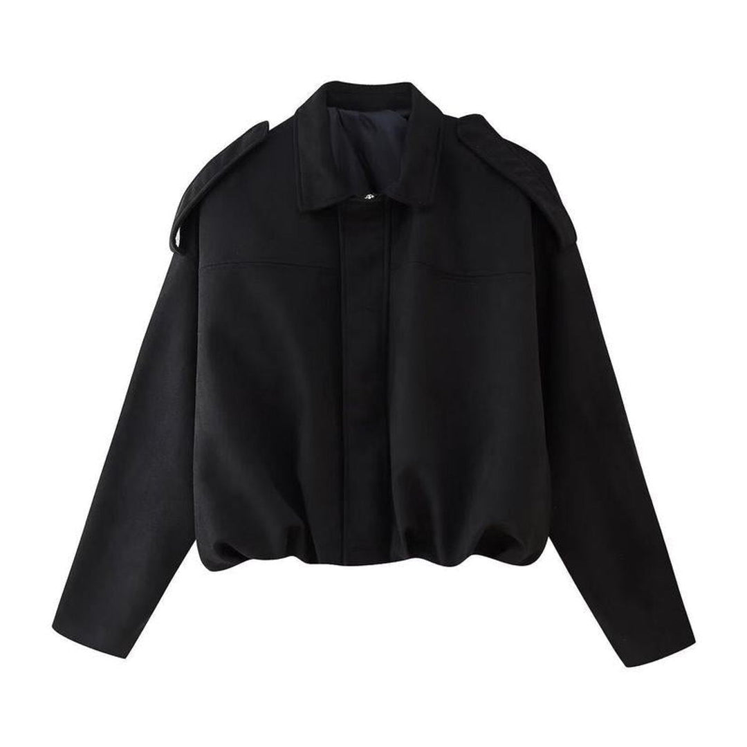 Women's oversized faux suede bomber jacket by Bennett and Lowe, vintage-inspired relaxed fit with ribbed cuffs and collar.