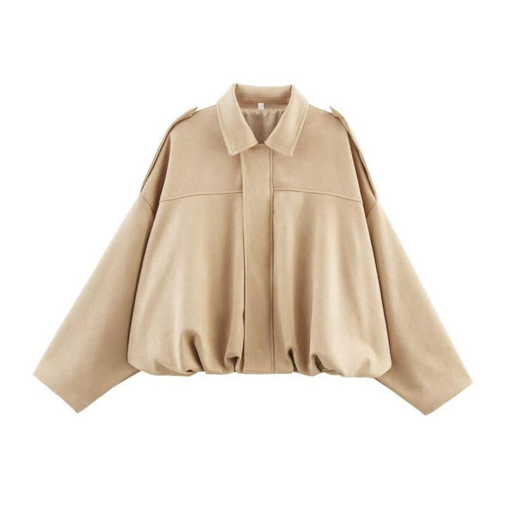 Women’s oversized faux suede bomber jacket by Bennett and Lowe, vintage-inspired relaxed fit with ribbed cuffs and collar.