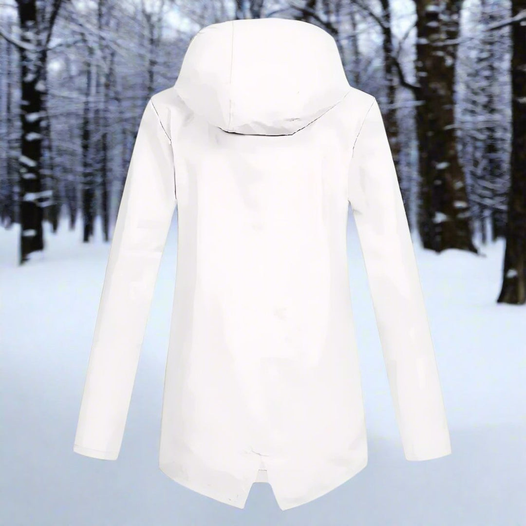 Women’s waterproof hooded longline rain jacket by Bennett and Lowe, featuring a zip-up design and extended length.