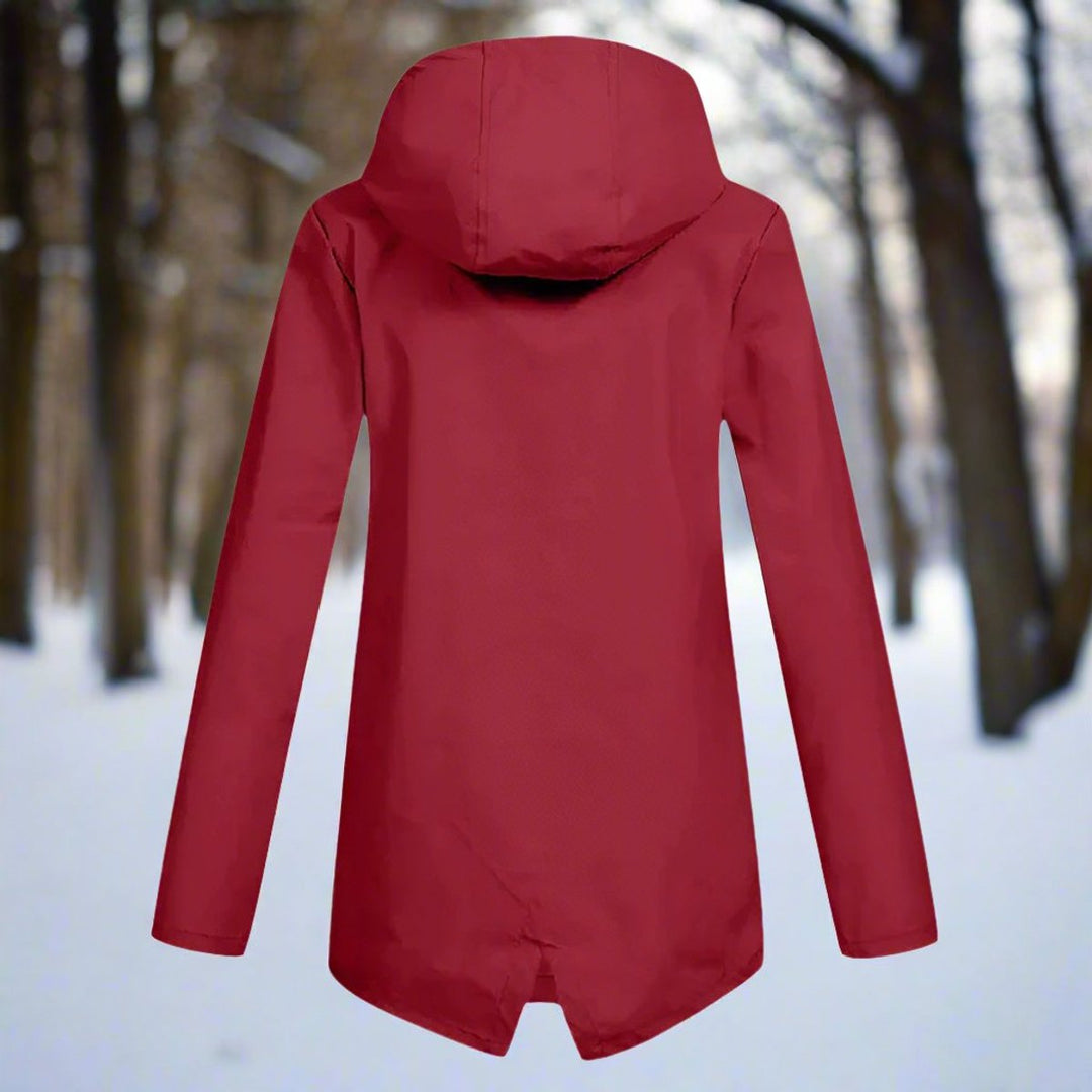 Women’s waterproof hooded longline rain jacket by Bennett and Lowe, zip-up design with a sleek, weather-resistant finish.