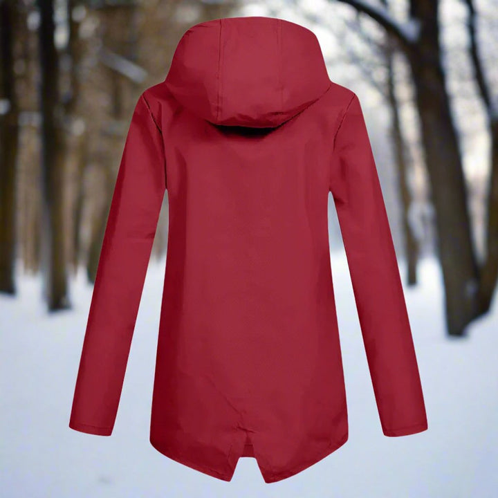 Women’s waterproof hooded longline rain jacket by Bennett and Lowe, zip-up design with a sleek, weather-resistant finish.