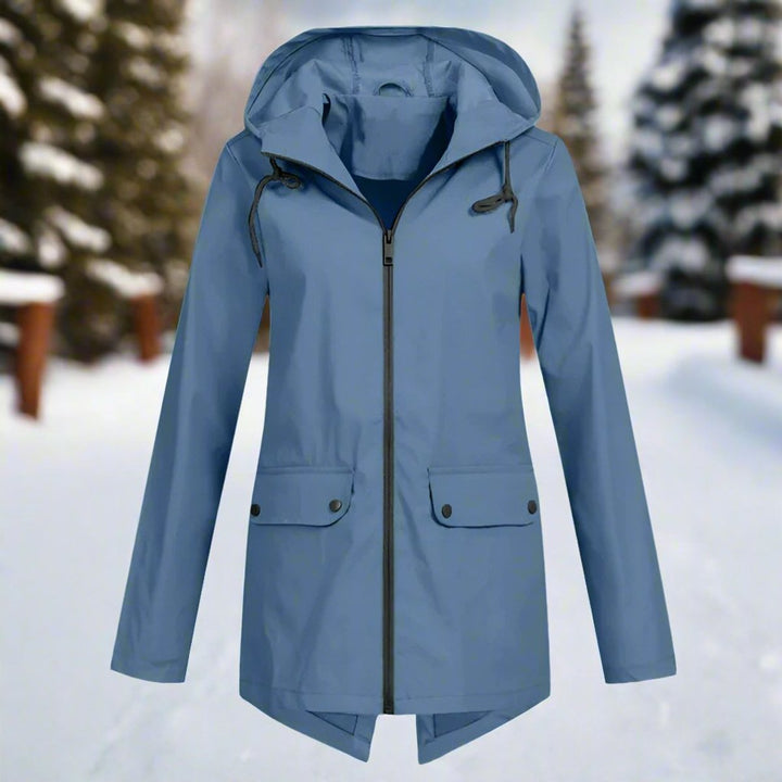 Women’s Lorraine Bennett and Lowe waterproof hooded longline rain jacket with zipper, suitable for wet weather.