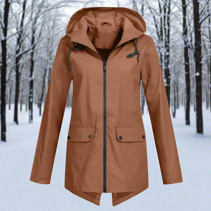 Women’s Lorraine Bennett and Lowe waterproof hooded longline rain jacket, zip-up design, black color, lightweight and weather-resistant.