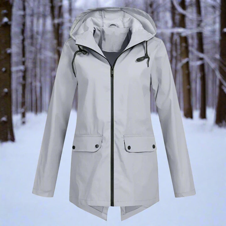 Women’s hooded waterproof longline rain jacket by Bennett and Lowe, zip-up design, ideal for wet weather protection.
