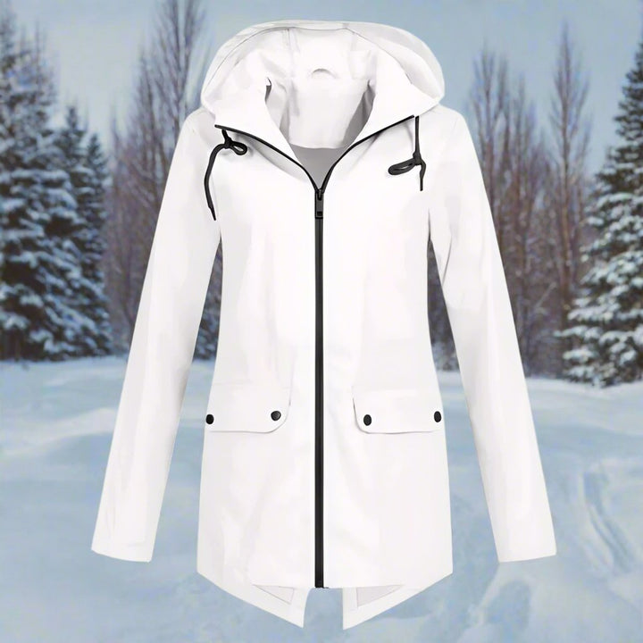 Women’s Bennett and Lowe Lorraine hooded waterproof longline rain jacket with a zip-up front and adjustable hood.