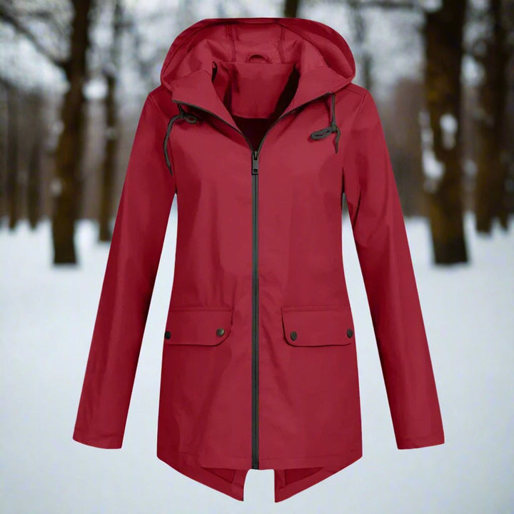 Lorraine Bennett and Lowe women's waterproof hooded longline rain jacket with front zipper and adjustable hood.