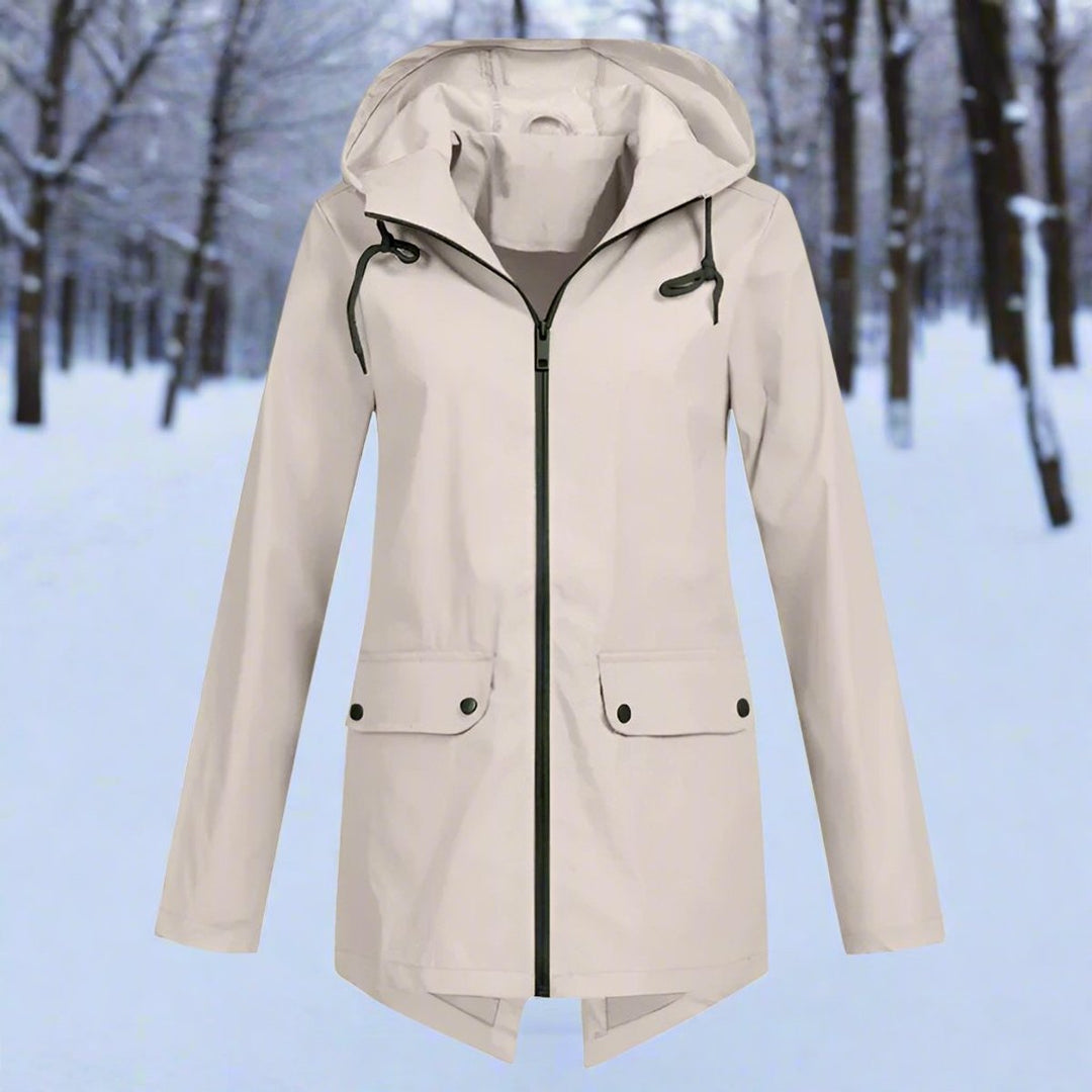 Women’s Bennett and Lowe Lorraine hooded waterproof longline rain jacket with zip-up front, lightweight and stylish for wet weather.