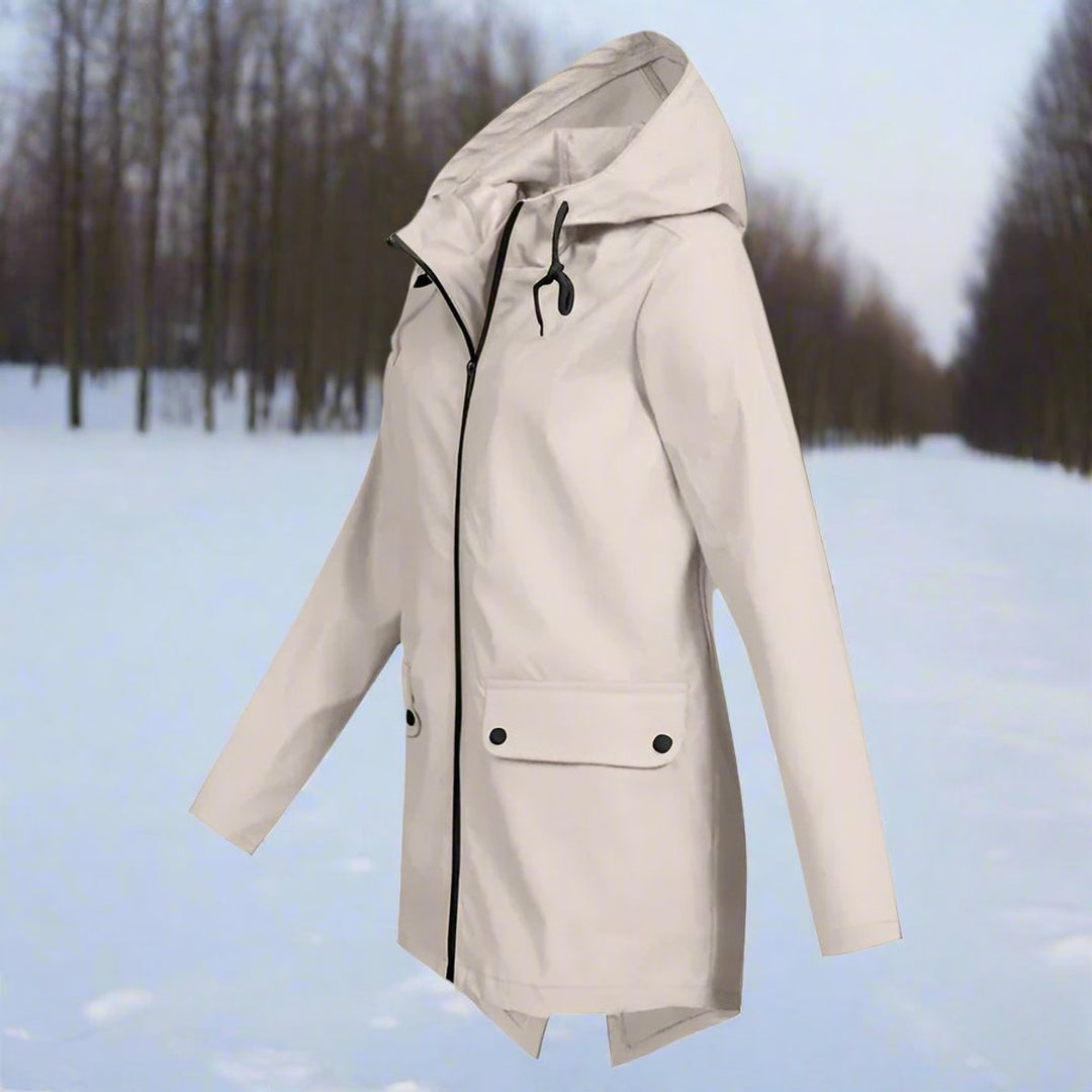 Lorraine Bennett and Lowe women's waterproof hooded longline rain jacket with front zip in a sleek design.