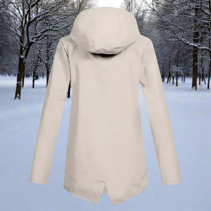 Women’s Bennett and Lowe Lorraine waterproof hooded longline rain jacket with a zip-up front and lightweight design.