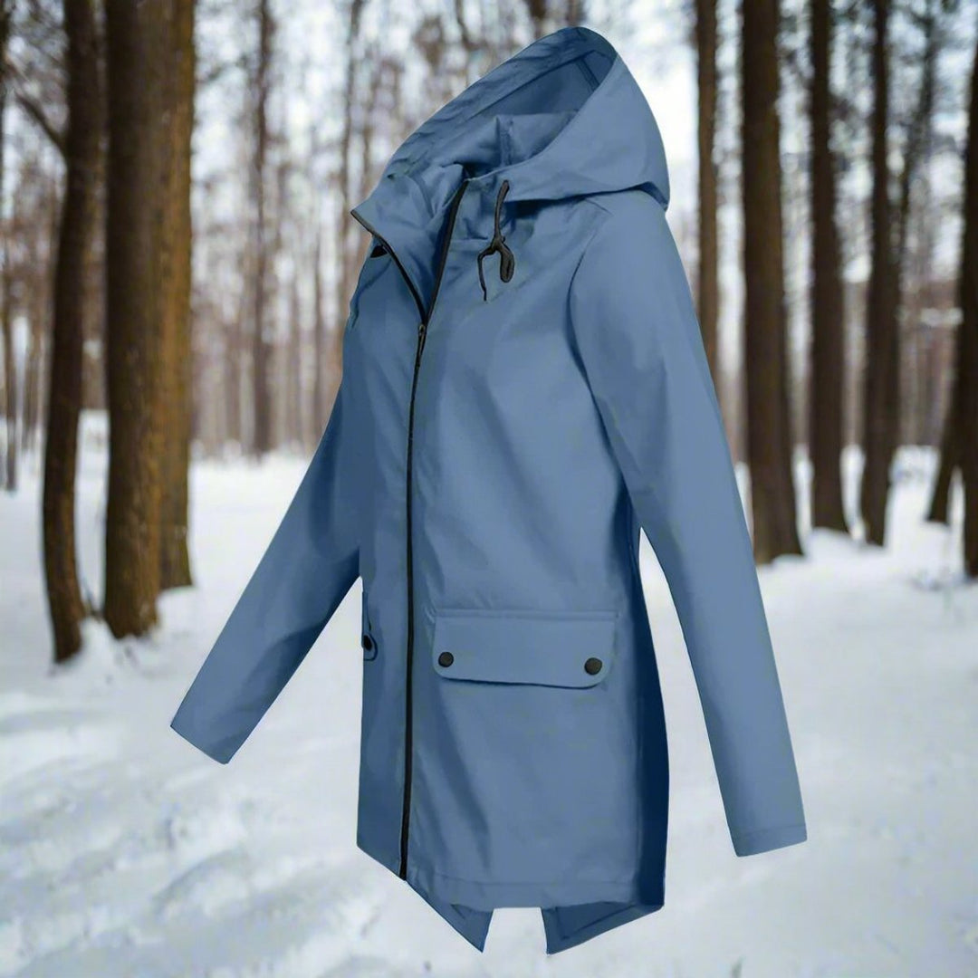 Women's waterproof hooded rain jacket by Bennett and Lowe, longline design with zip-up front, perfect for wet weather.