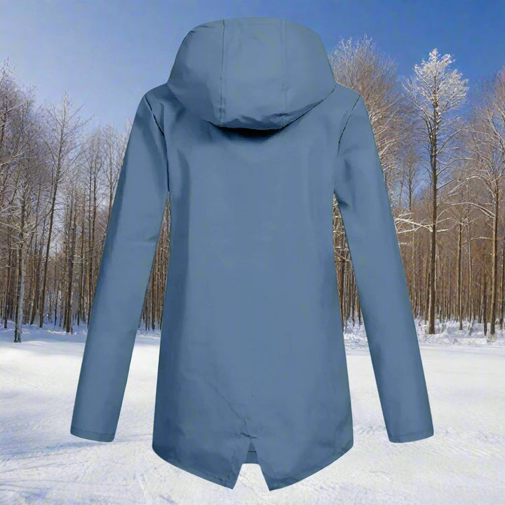 Women’s waterproof hooded longline rain jacket by Bennett and Lowe with a zip-up design and a sleek, rain-resistant finish.
