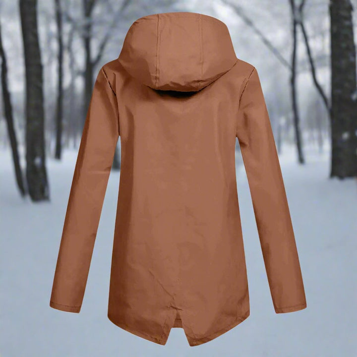 Women’s waterproof hooded longline rain jacket by Bennett and Lowe, zip-up design with a sleek hooded style.